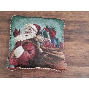 Vintage Christmas Santa Tapestry Throw Pillow with Rope Border 16x16 inches